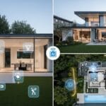 Modern smart home with AI-powered features including voice control, security cameras, and automated systems shown via icons and a floor plan overview