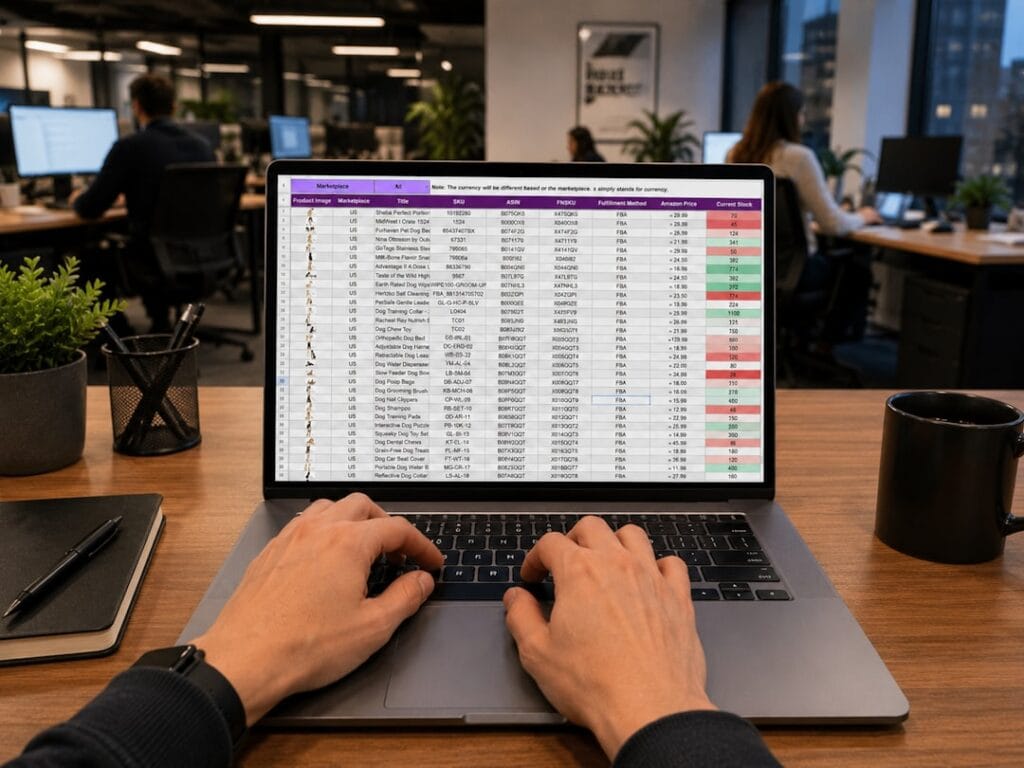Loan officer reviewing spreadsheet data on laptop to calculate cost per funded loan