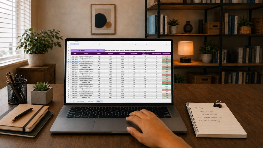 Loan officer reviewing mortgage lead data on a laptop spreadsheet at a home office desk
